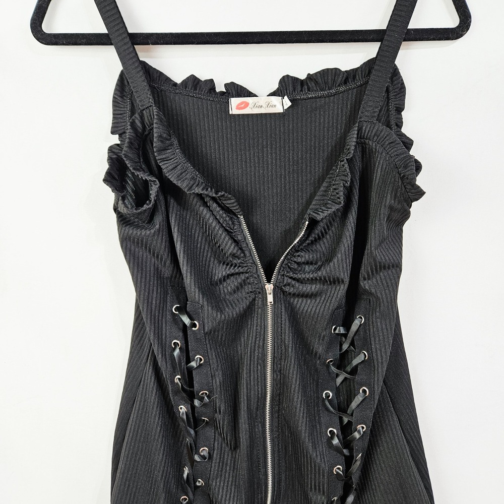 Whimsigoth Black Lace Up Corset Zipper Ribbed Camisole XL Romance Grunge Emo Top - Picture 4 of 9